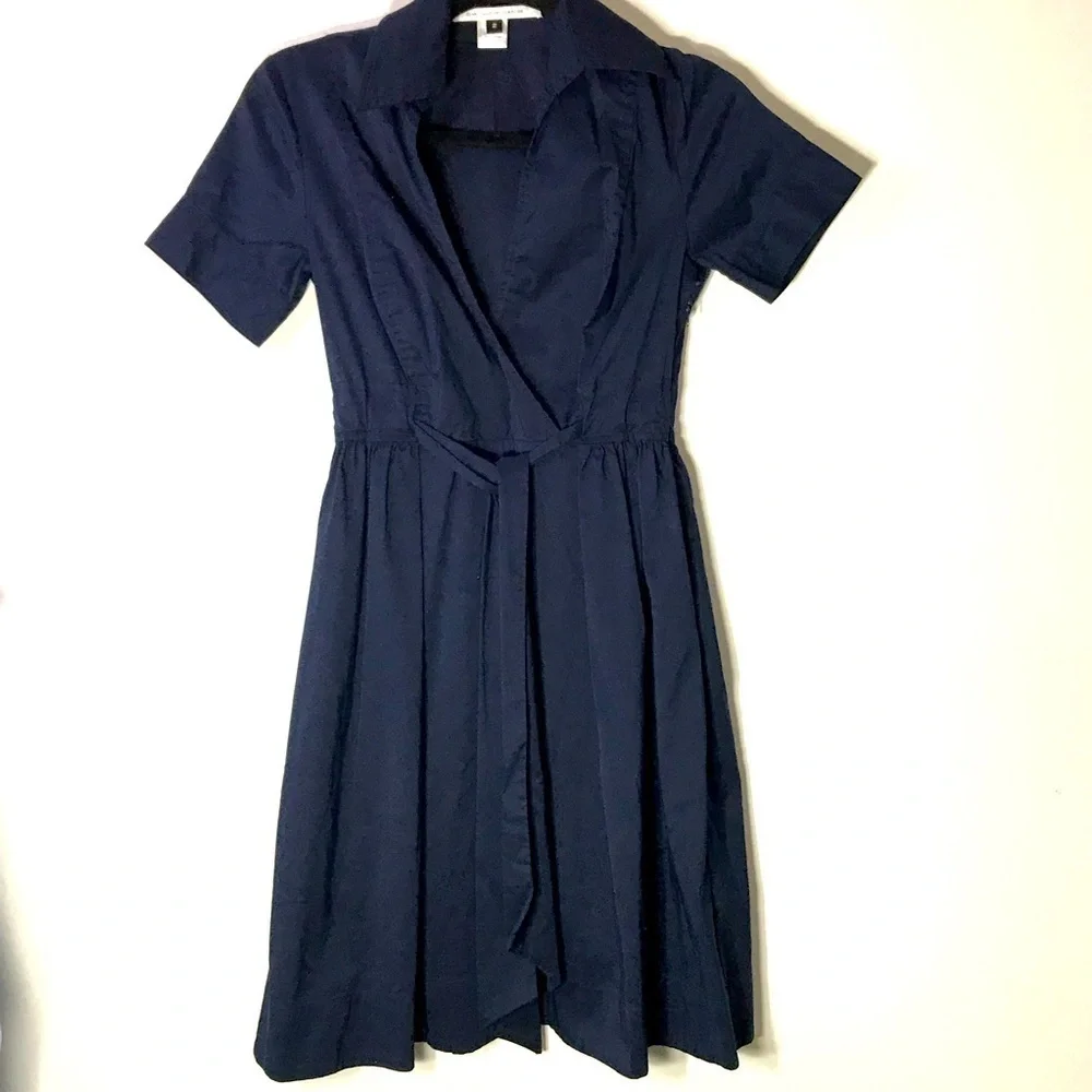 Diane Von Furstenberg Faux Wrap Navy Fit And Flare V-Neck Waist Belt Dress 2